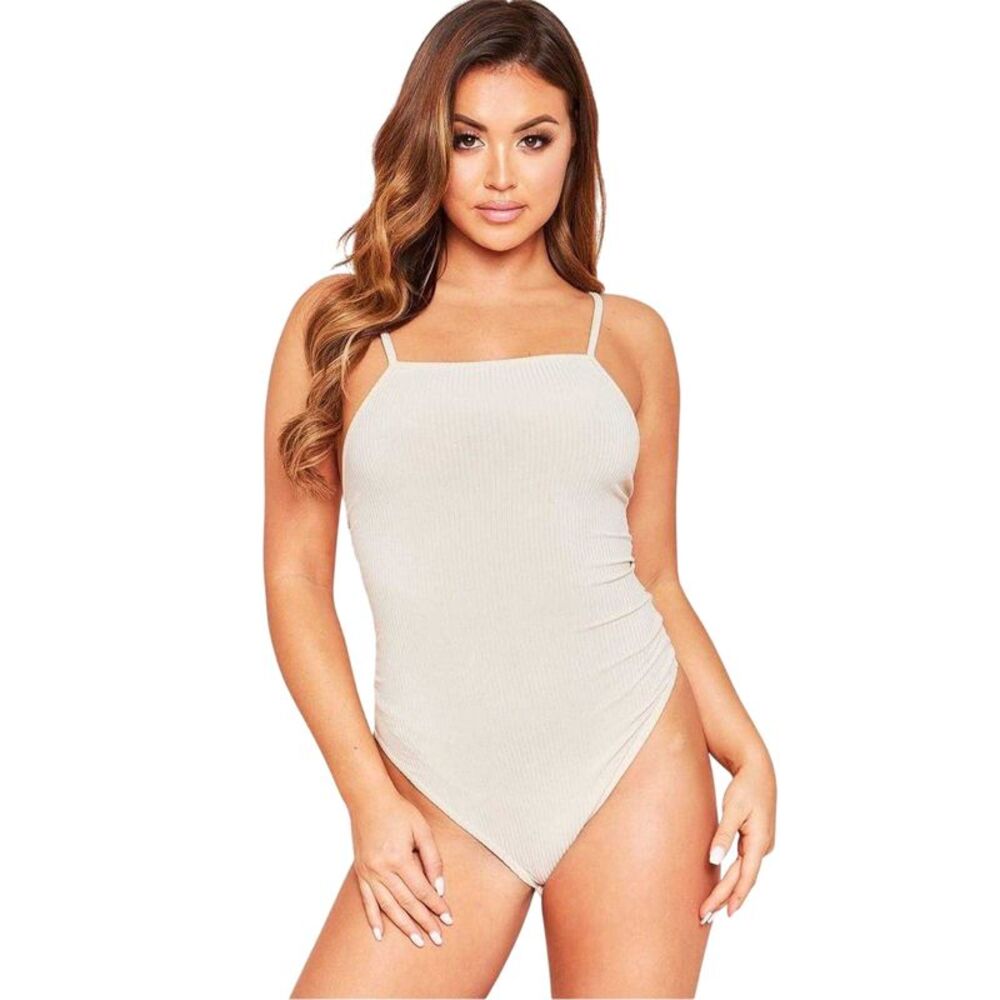 Missy Empire Womens/Ladies Ribbed Square Neck Fitted Onesie / Beige Melange